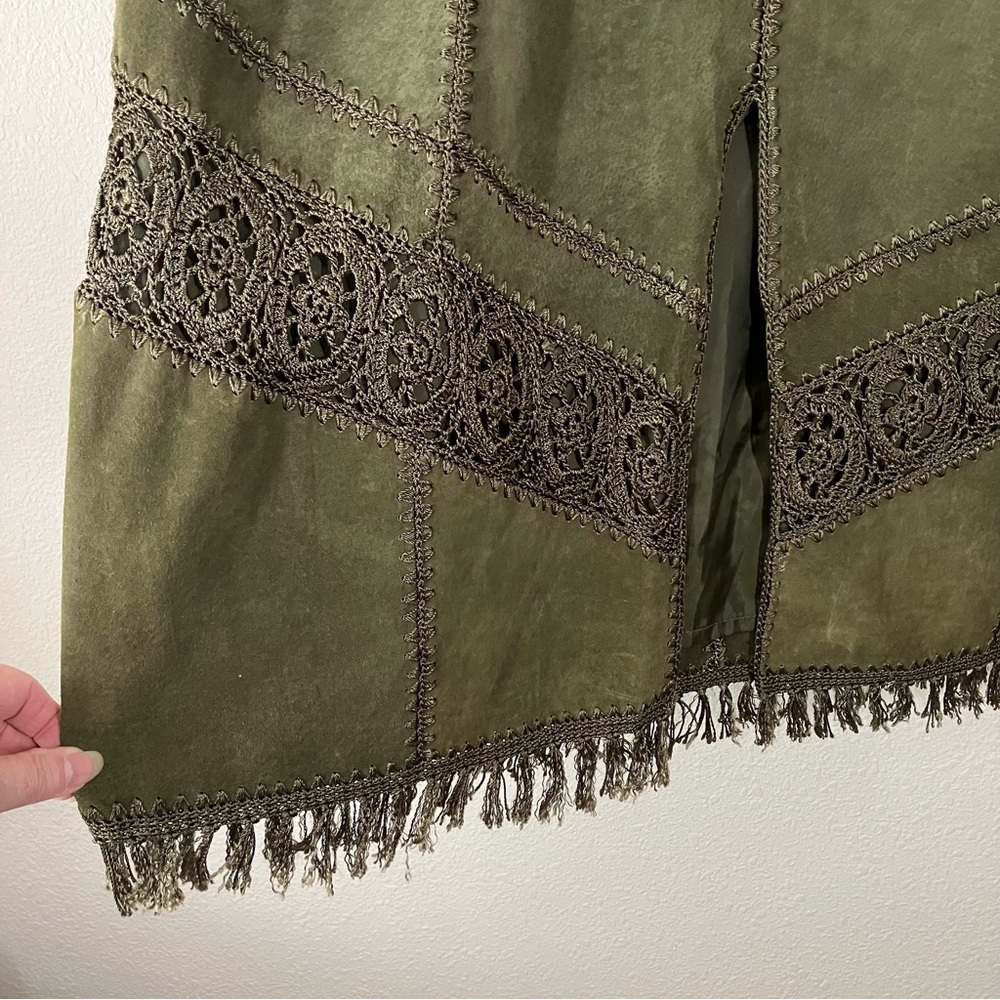 VINTAGE Suede Jacket & Skirt Set Crochet Western Cowgirl Boho Olive Green 2X - Picture 13 of 16